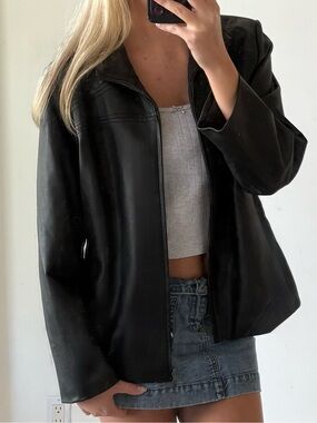 90's y2k Black Leather Zip Jacket with Panel Stitching